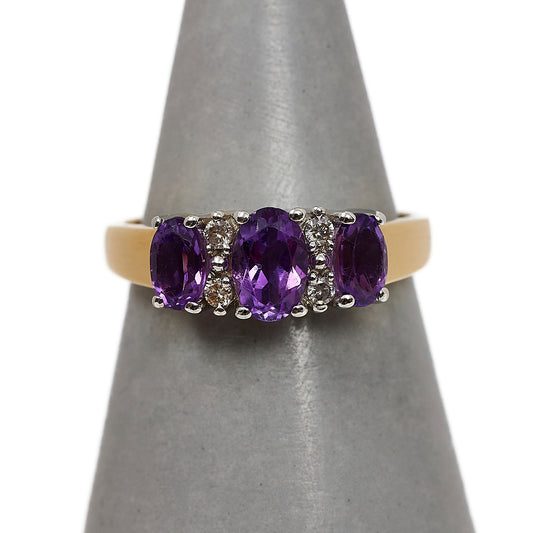 Pre-Owned 9ct Gold Amethyst & Diamond Ring Size J.5