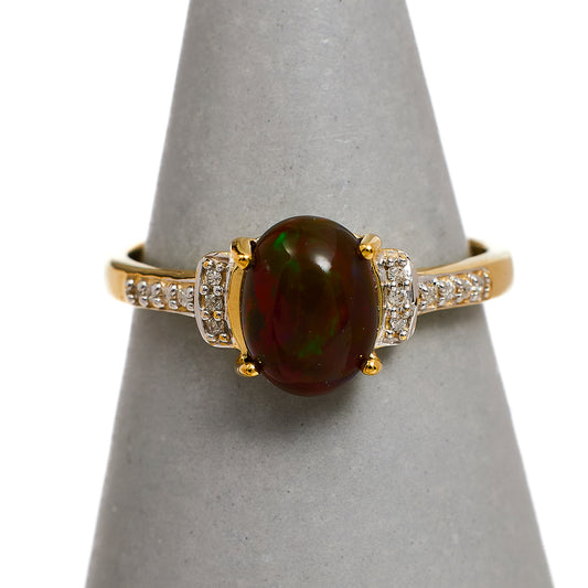 Pre-Owned 9ct Gold Black Opal & Diamond Cluster Ring Size R