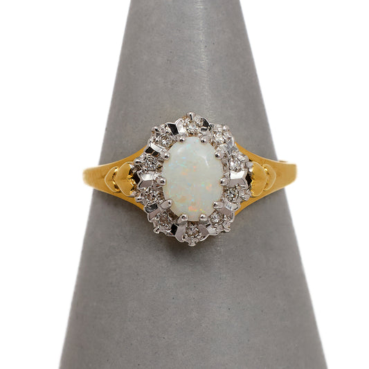 Pre-Owned 9ct Gold Oval Opal & Diamond Cluster Ring Size N