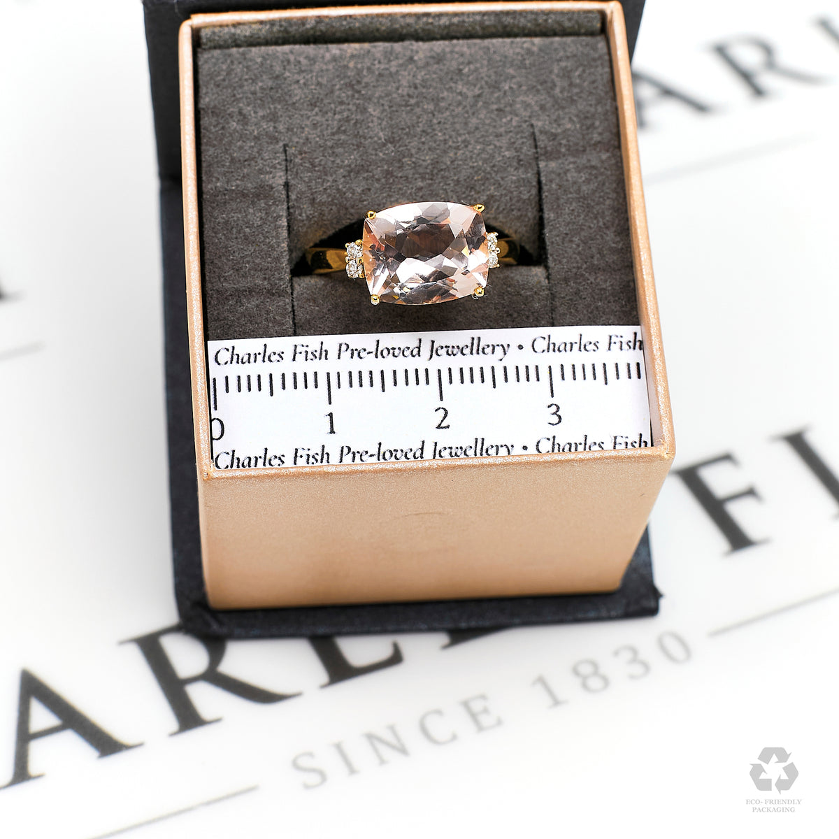 Pre-Owned 9ct Gold Rectangle Morganite & Diamond Ring