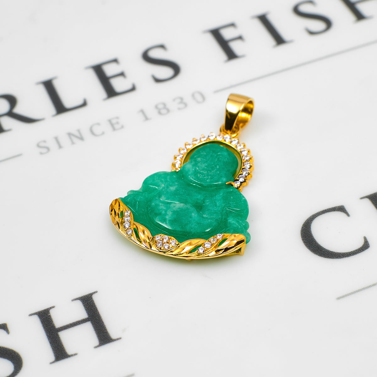 Pre-Owned 14ct Gold CZ Jade Buddha Pendant