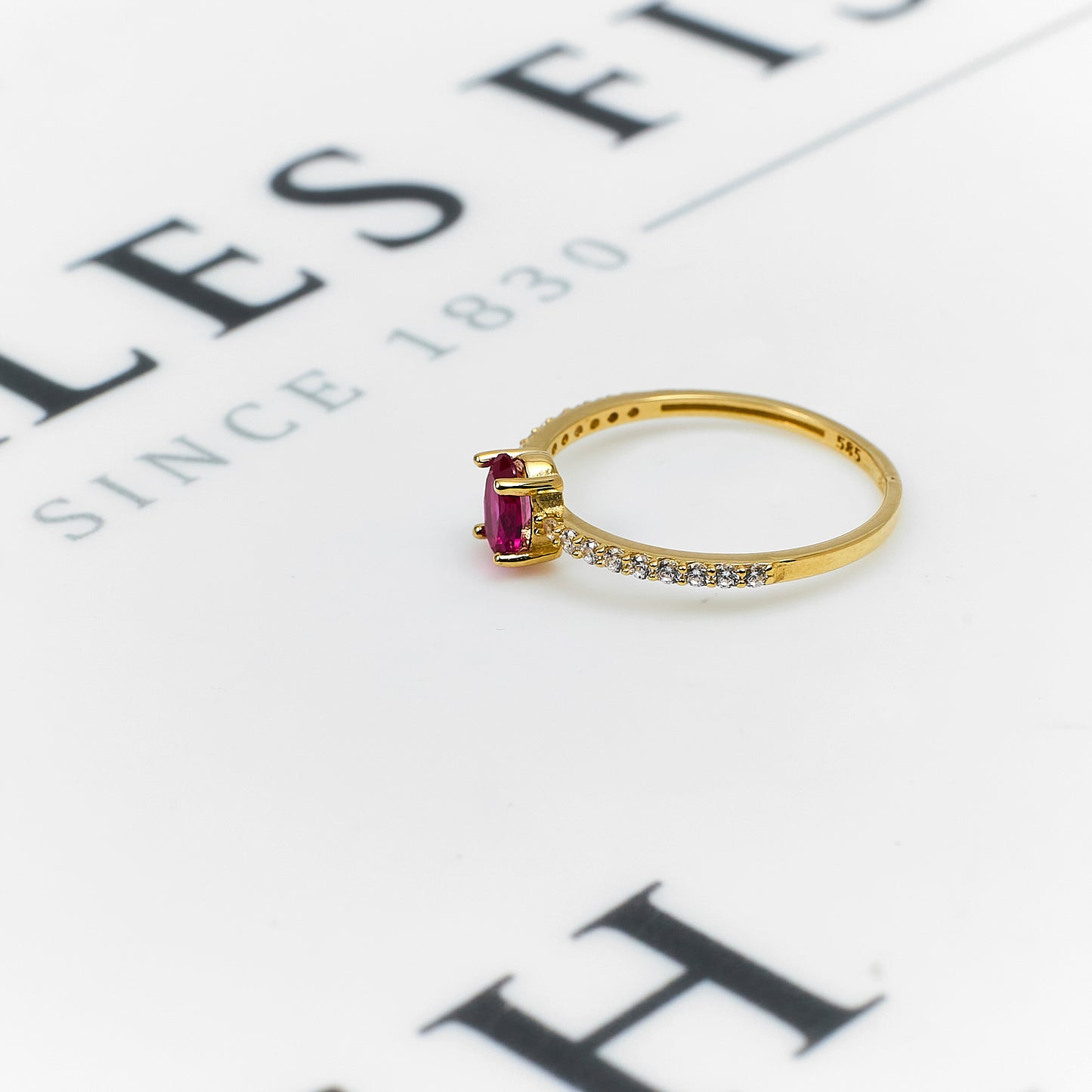 Pre-Owned 14ct Gold Synthetic Red Stone & CZ Ring Size N