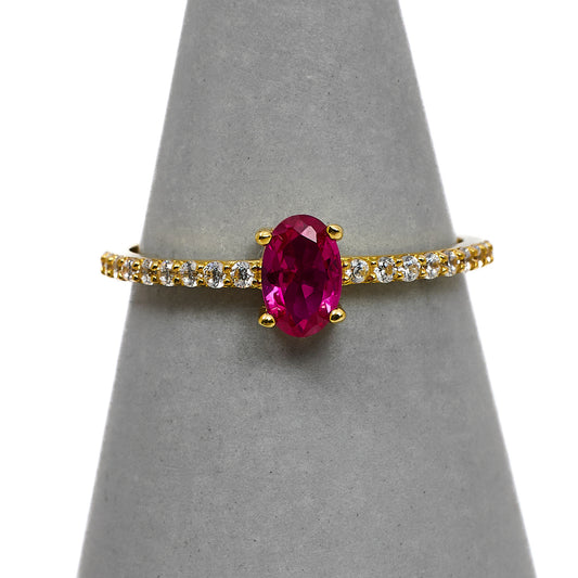 Pre-Owned 14ct Gold Synthetic Red Stone & CZ Ring Size N