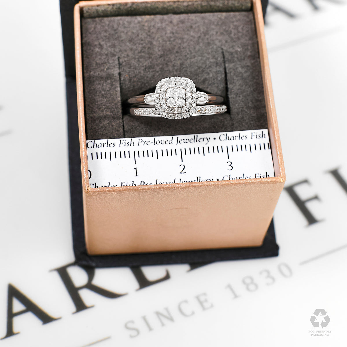 Pre-Owned 9ct Square Diamond Cluster & Band Ring SET Size R