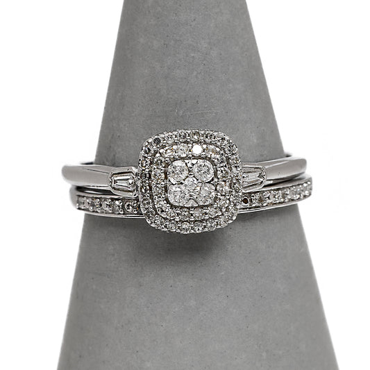 Pre-Owned 9ct Square Diamond Cluster & Band Ring SET Size R