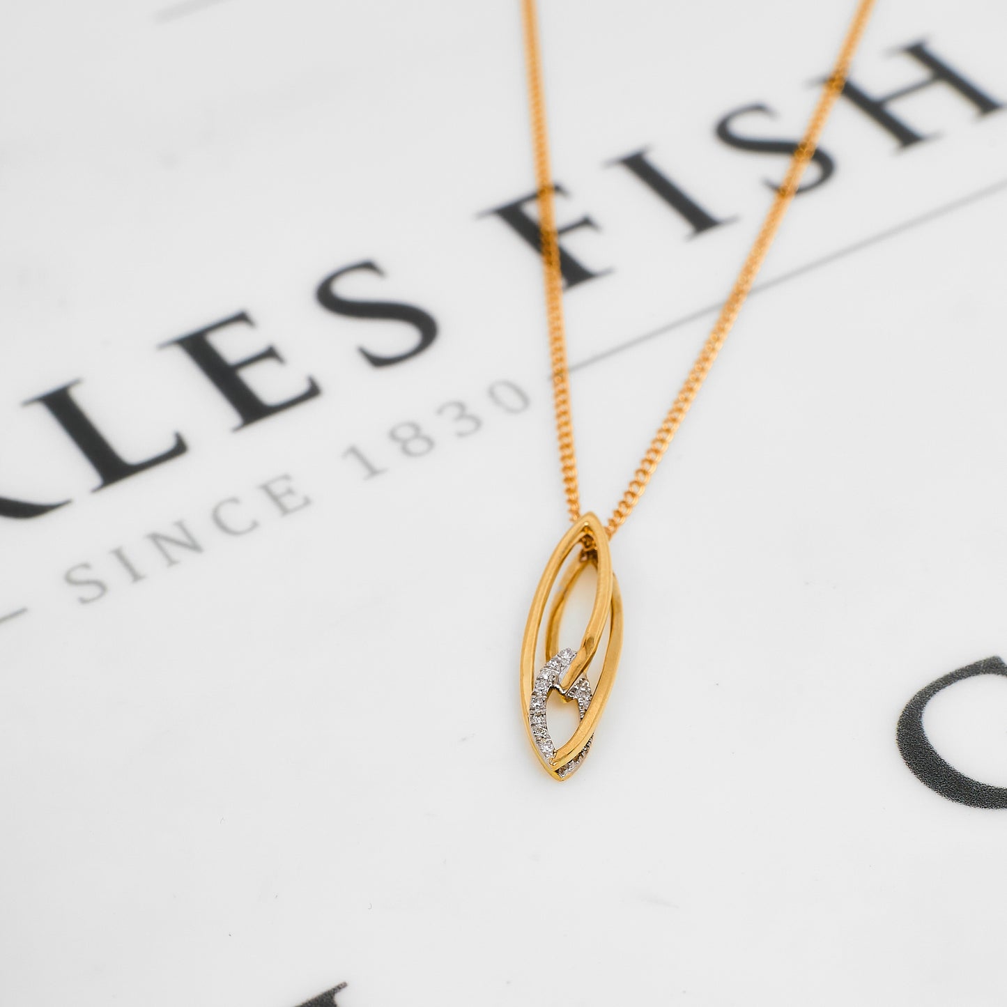 Pre-Owned 9ct Gold Diamond Ellipse Pendant & Chain 16 Inch