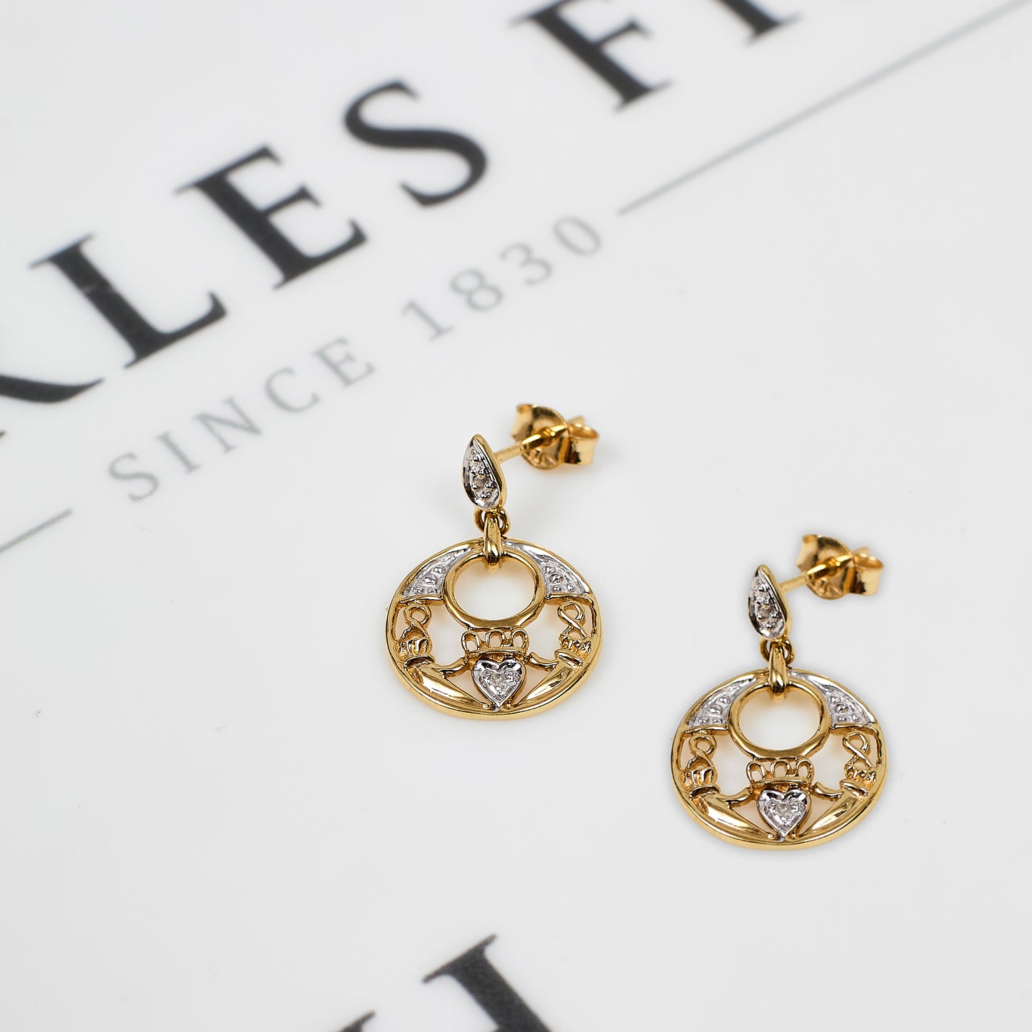 Pre-Owned 9ct Gold Diamond Claddagh Drop Earrings