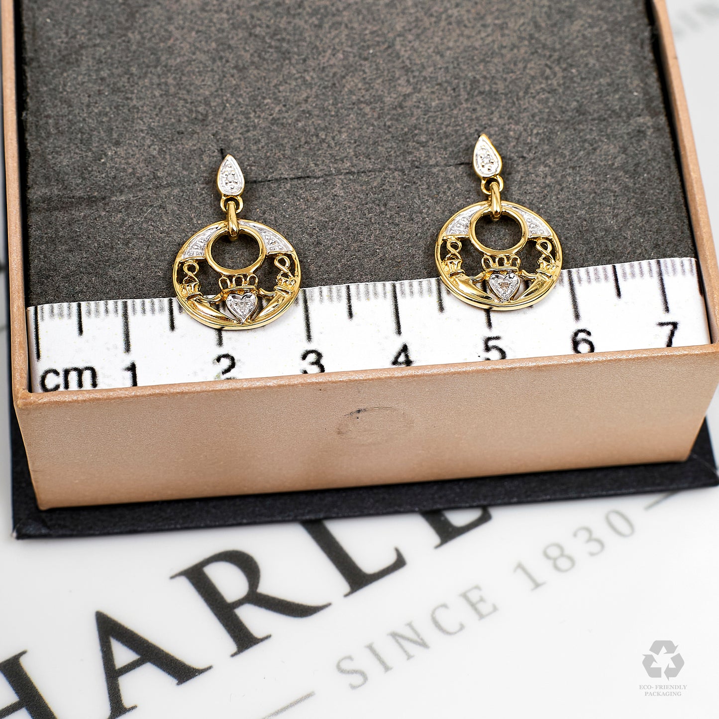 Pre-Owned 9ct Gold Diamond Claddagh Drop Earrings