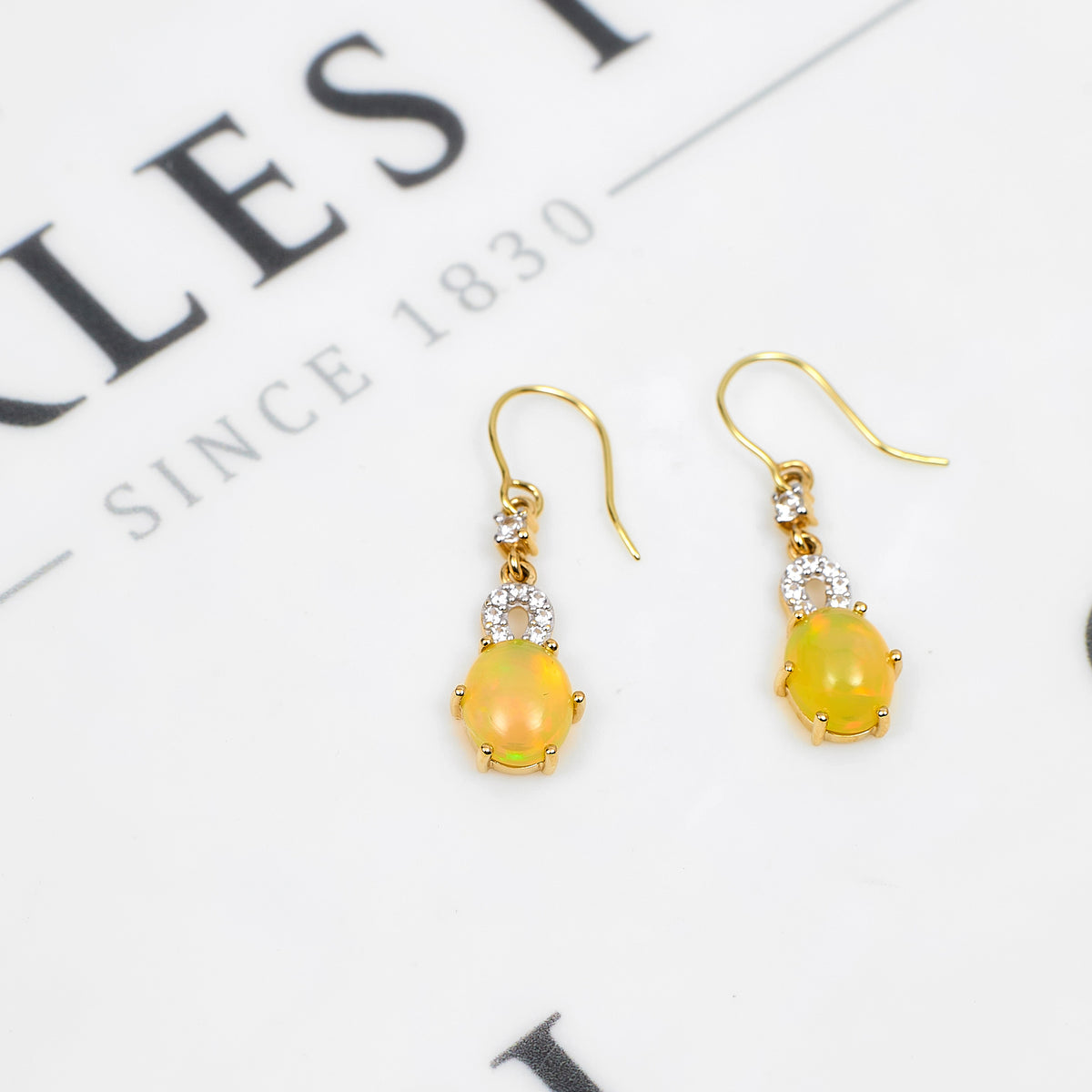 Pre-Owned 9ct Gold Opal & White Zircon Drop Earrings