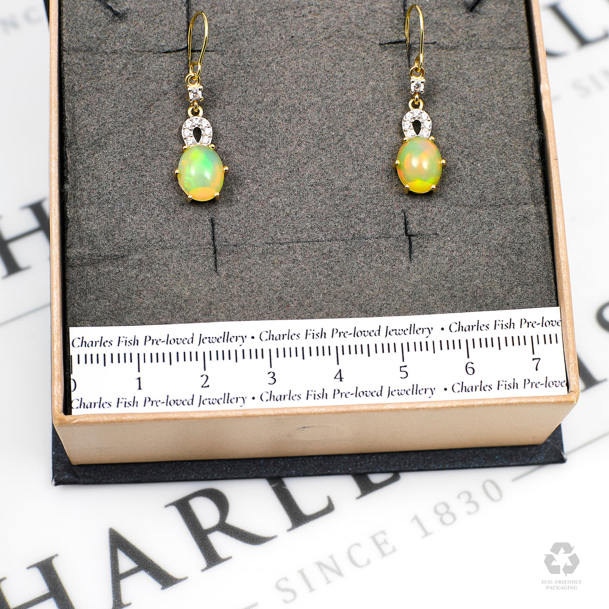 Pre-Owned 9ct Gold Opal & White Zircon Drop Earrings