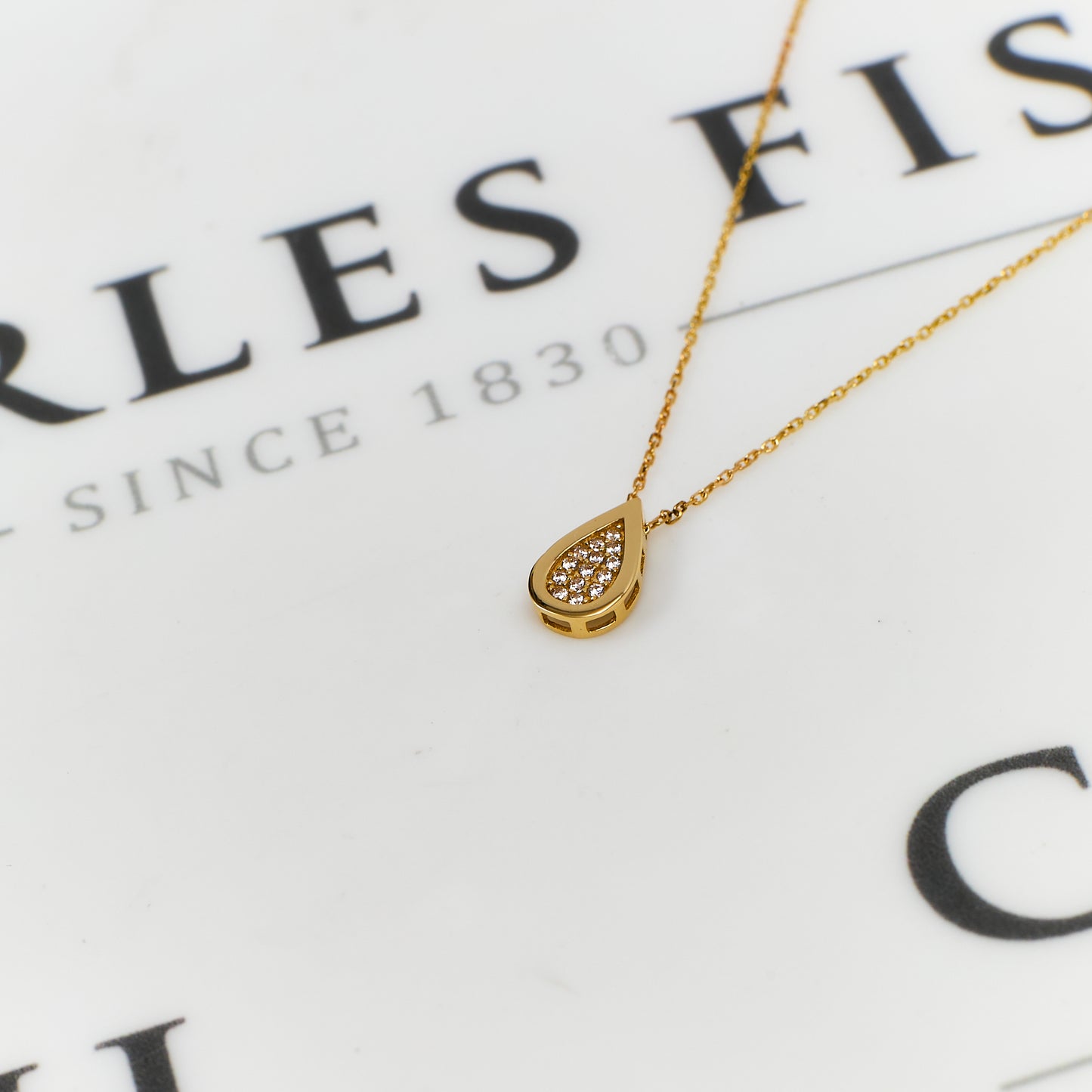 Pre-Owned 14ct Gold CZ Drop Shape Pendant & Chain 16 Inch