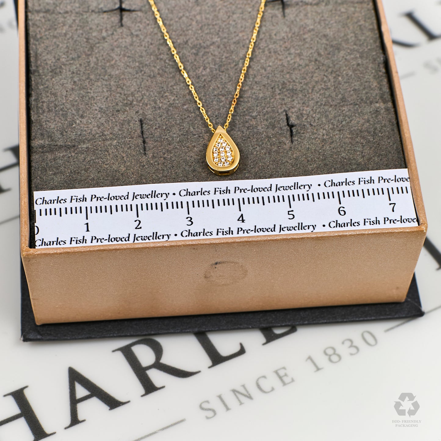 Pre-Owned 14ct Gold CZ Drop Shape Pendant & Chain 16 Inch