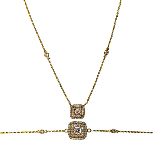 Pre-Owned 18ct Gold CZ Square Cluster Design Jewellery SET