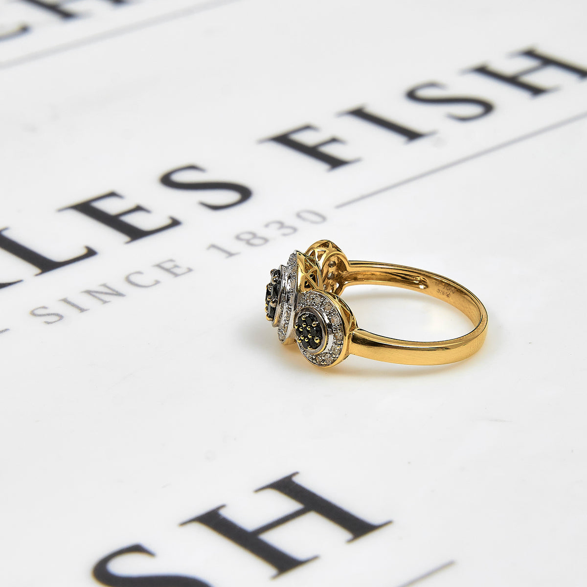 Pre-Owned 9ct Gold Black & White Diamond Triple Cluster Ring