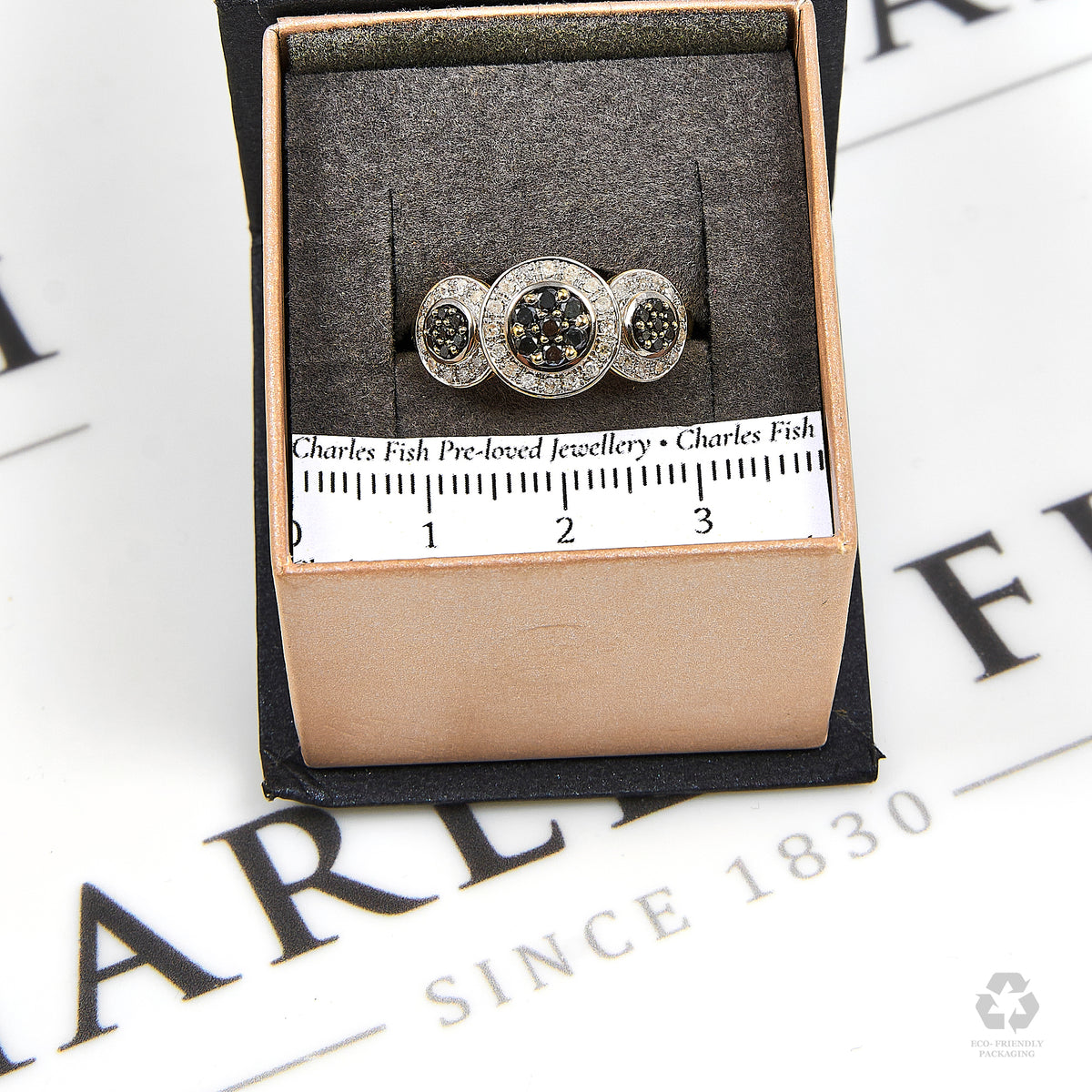 Pre-Owned 9ct Gold Black & White Diamond Triple Cluster Ring