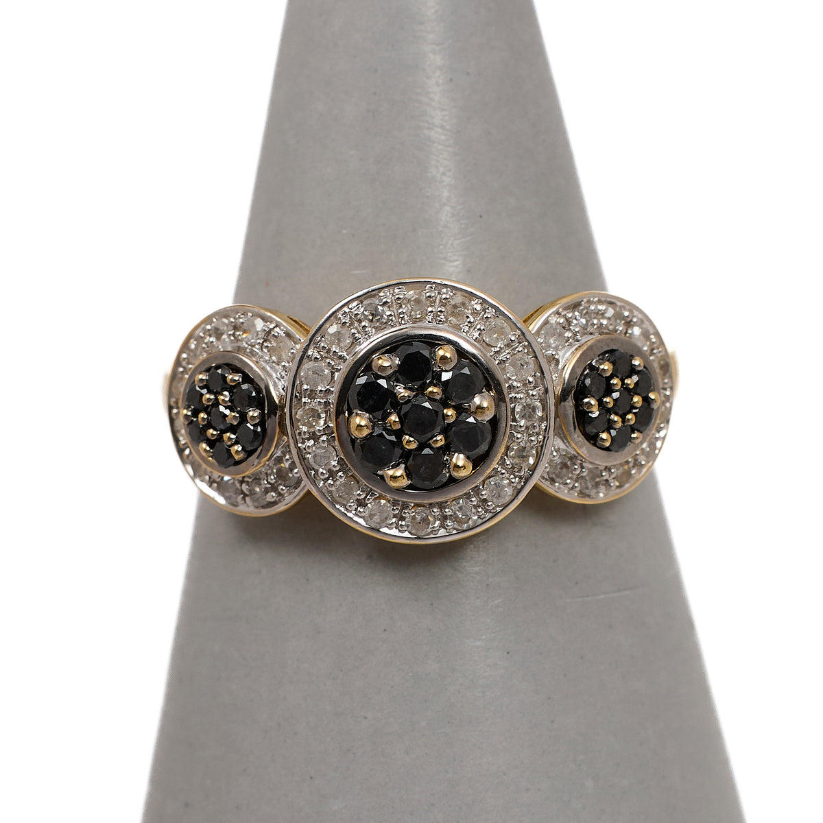 Pre-Owned 9ct Gold Black & White Diamond Triple Cluster Ring