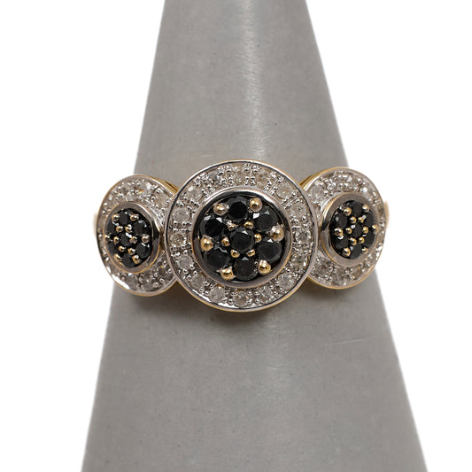 Pre-Owned 9ct Gold Black & White Diamond Triple Cluster Ring