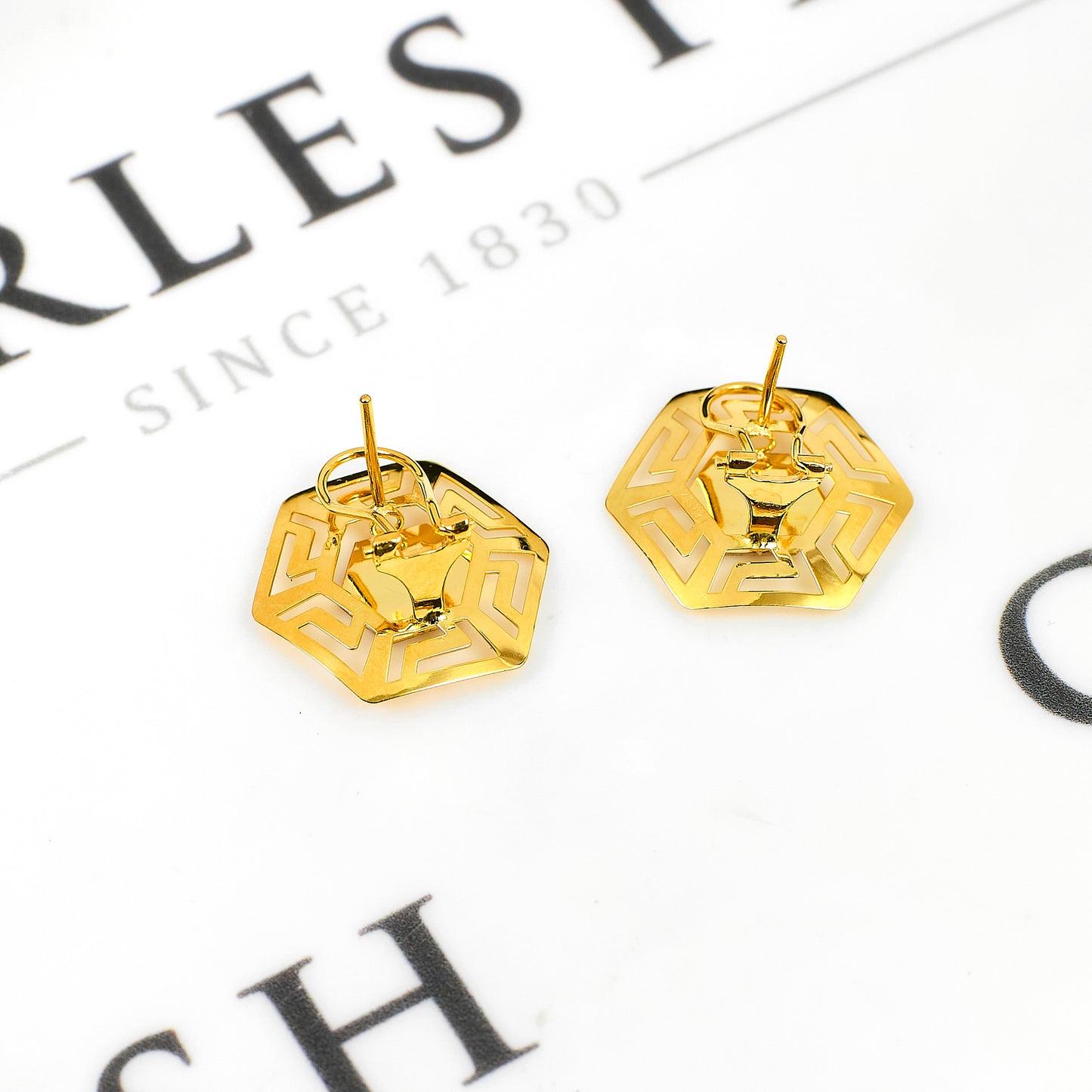Pre-Owned 18ct Gold 2 Tone Octagon Greek Key Earrings