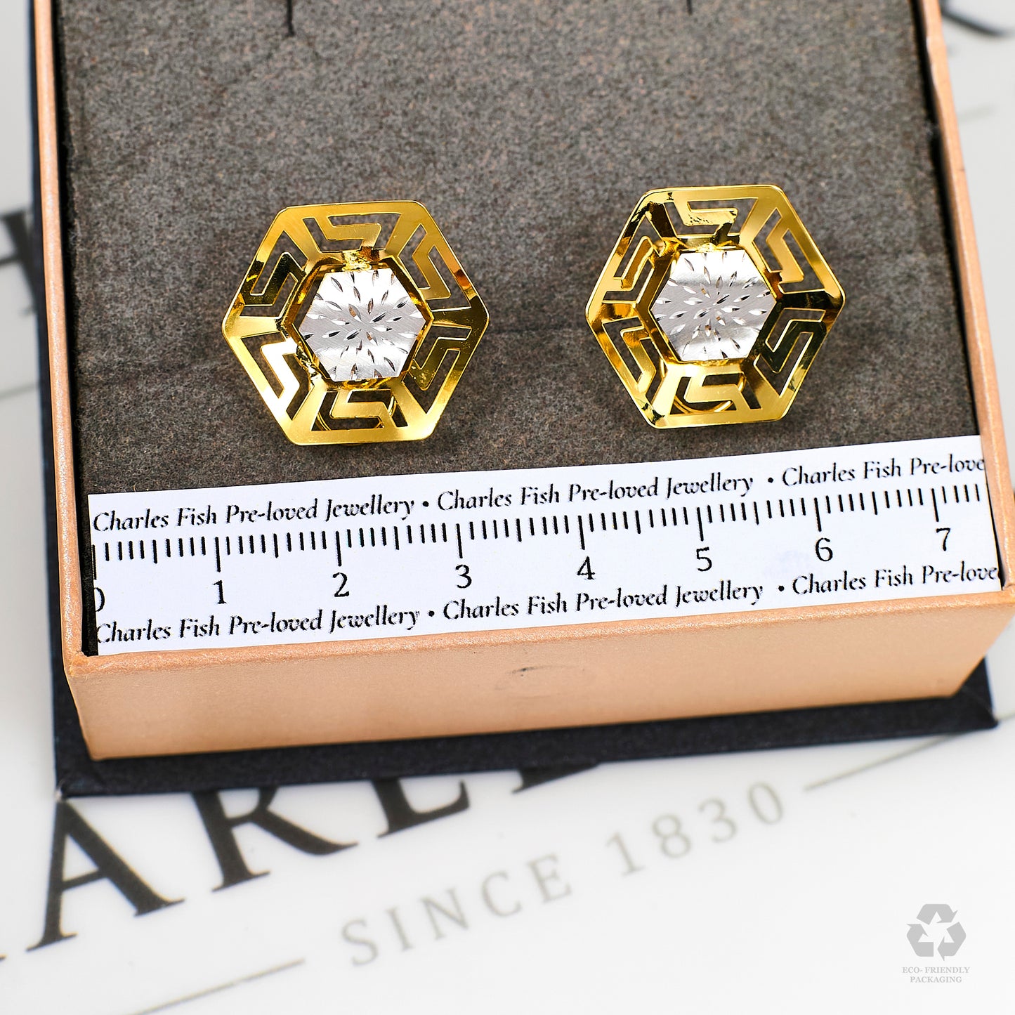 Pre-Owned 18ct Gold 2 Tone Octagon Greek Key Earrings