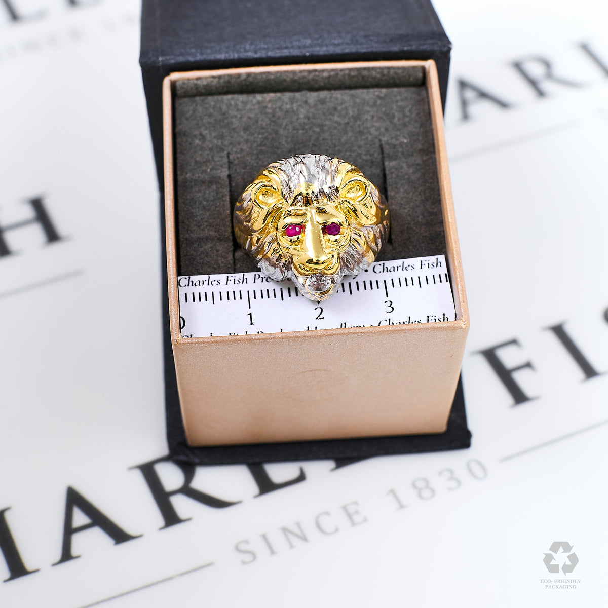 Pre-Owned 14ct CZ Lions Head Ring & Synthetic Stones Size S