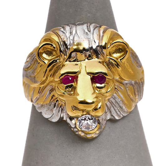 Pre-Owned 14ct CZ Lions Head Ring & Synthetic Stones Size S