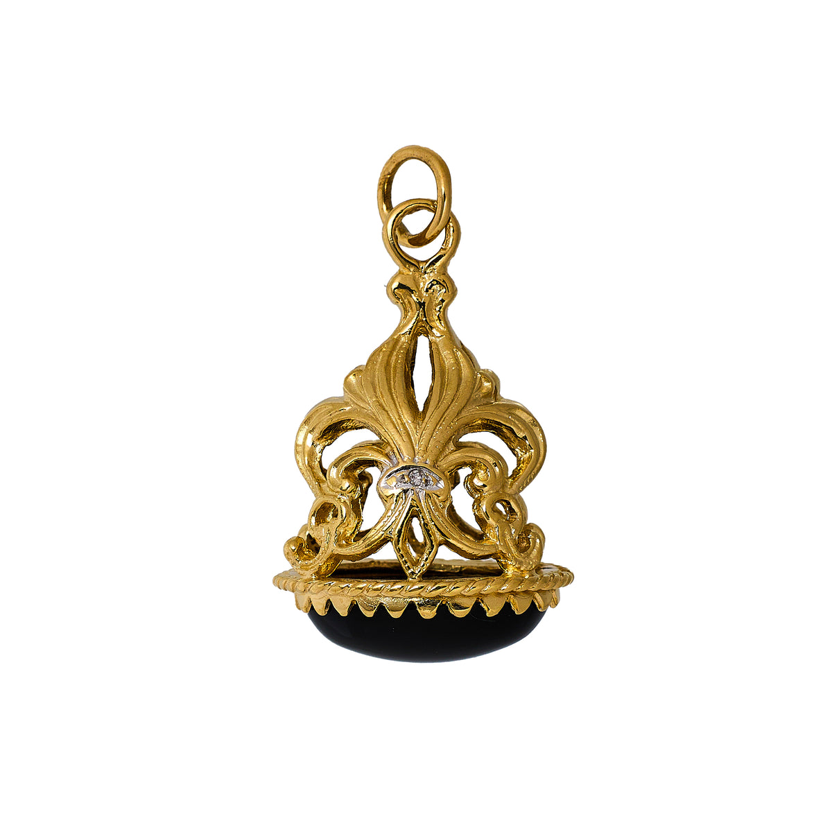 Pre-Owned 9ct Gold Cabochon Onyx & Diamond Fleur De Lis Fob