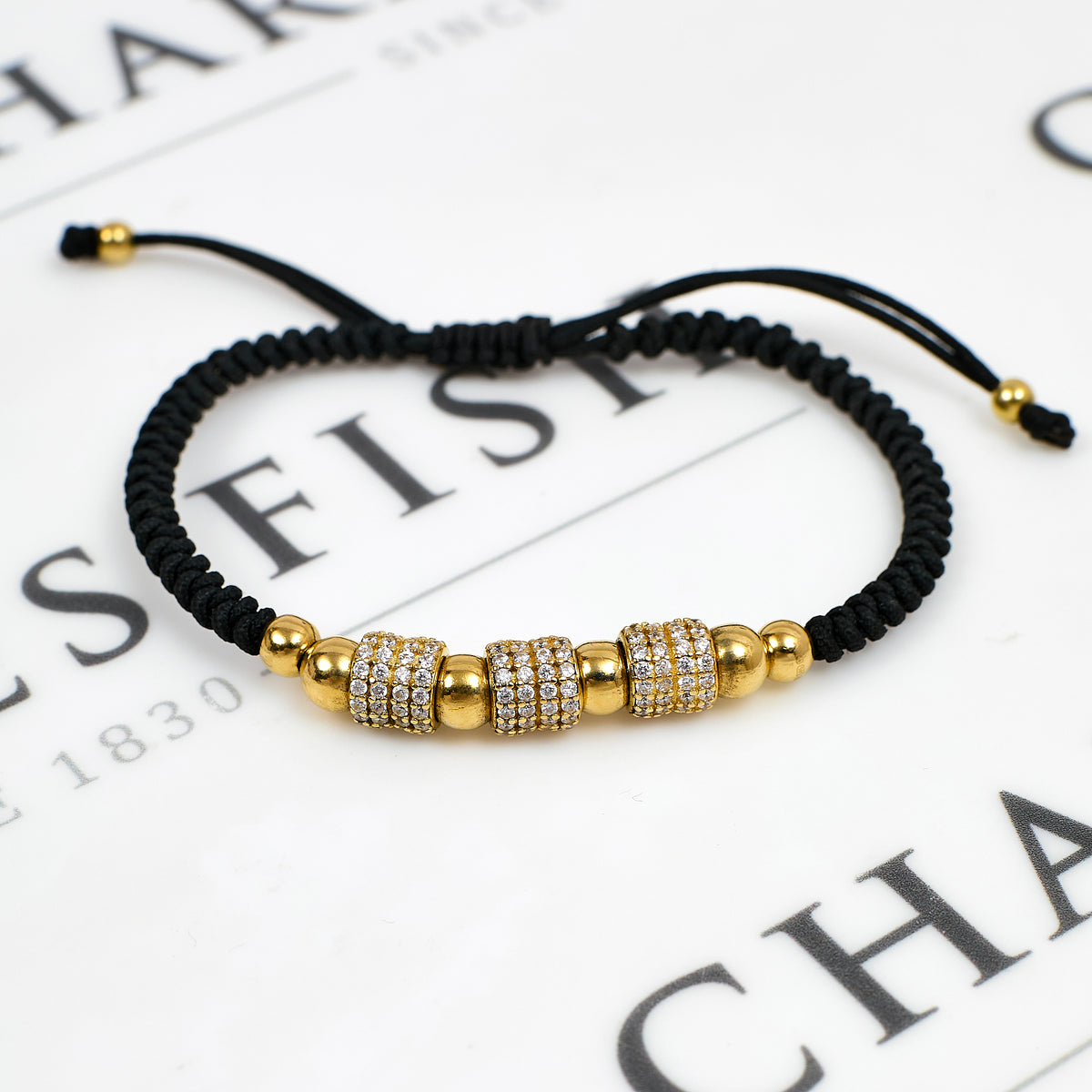 Pre-Owned 14ct Gold CZ Black Cord Adjustable Bracelet
