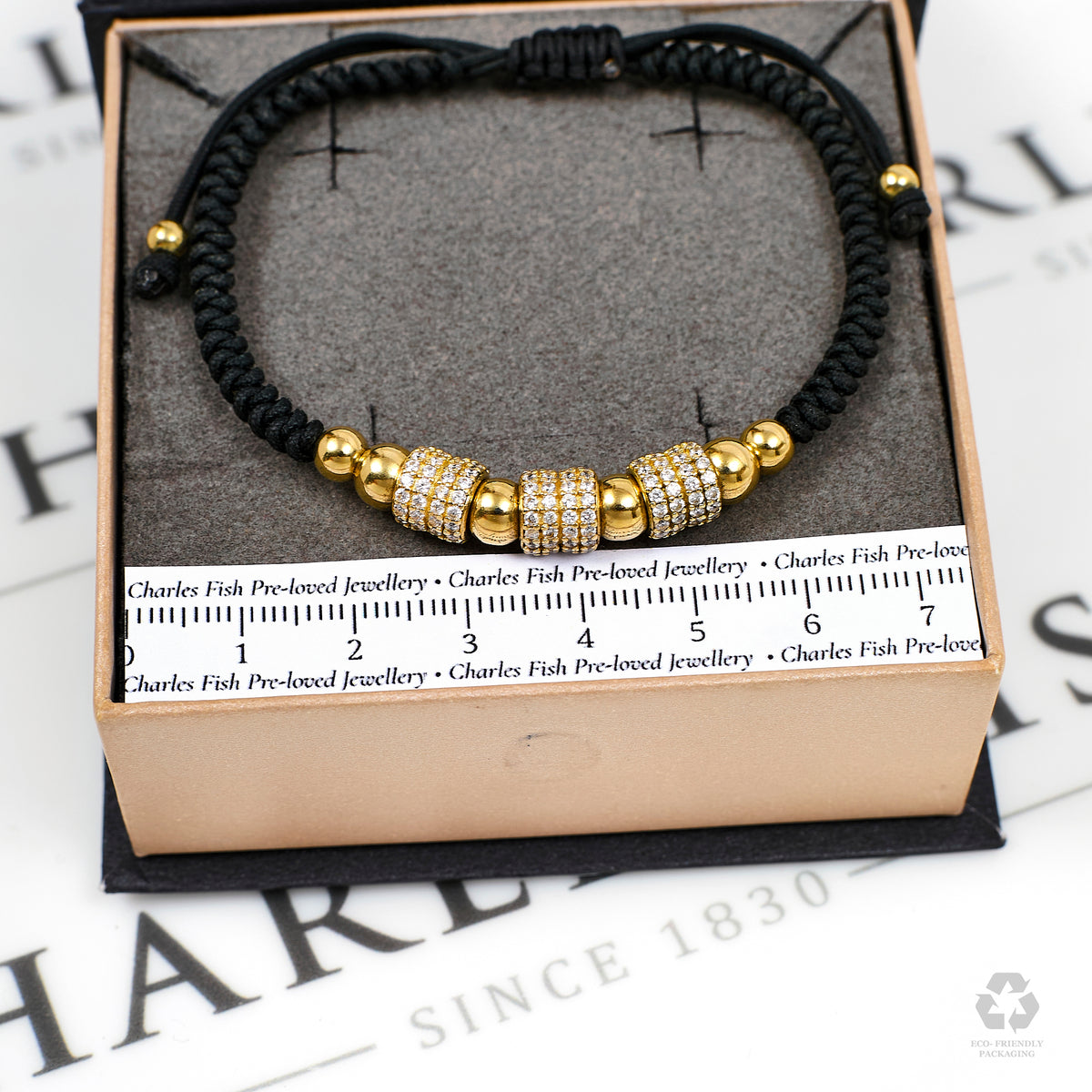 Pre-Owned 14ct Gold CZ Black Cord Adjustable Bracelet