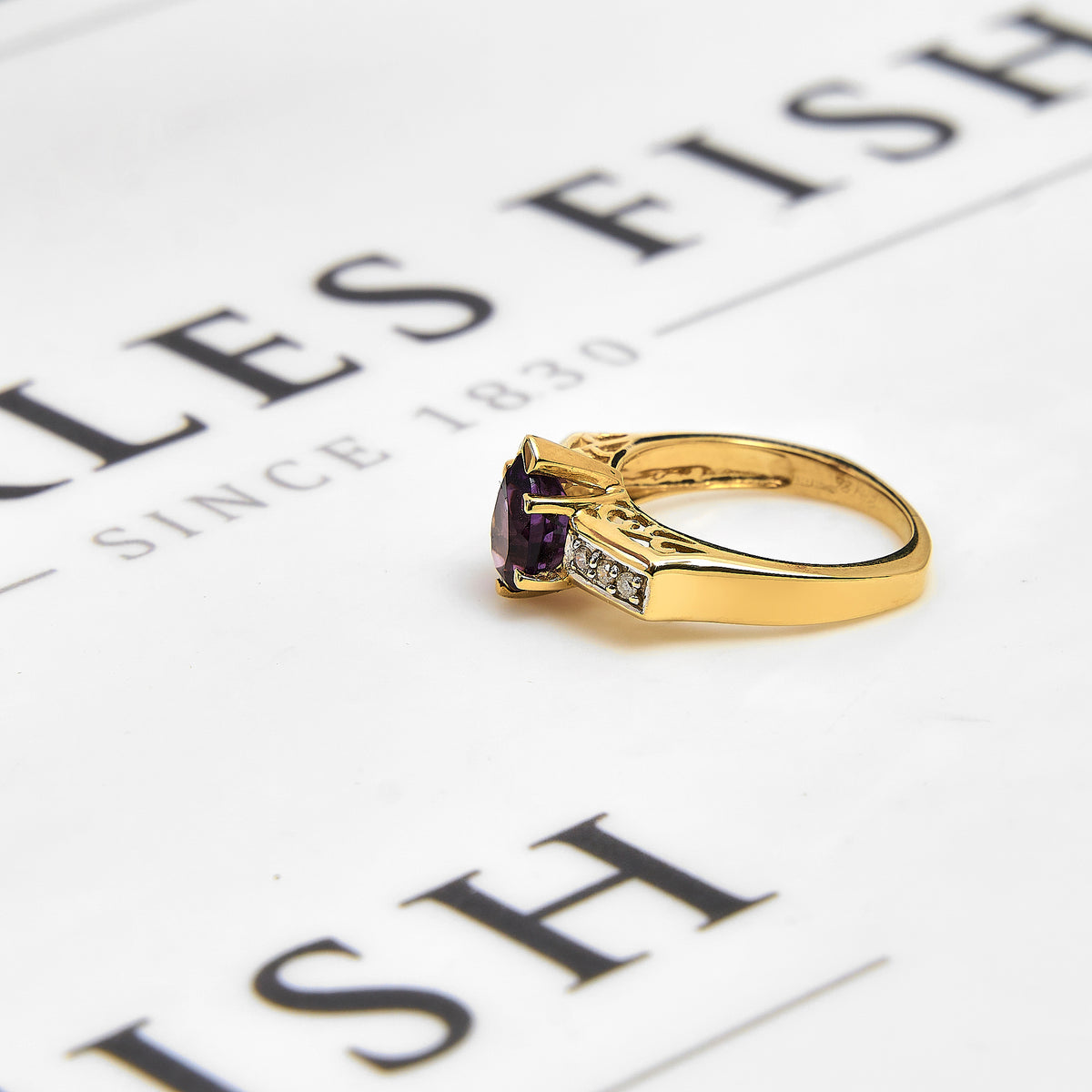 Pre-Owned 9ct Gold Pear Cut Amethyst & Diamond Ring Size N