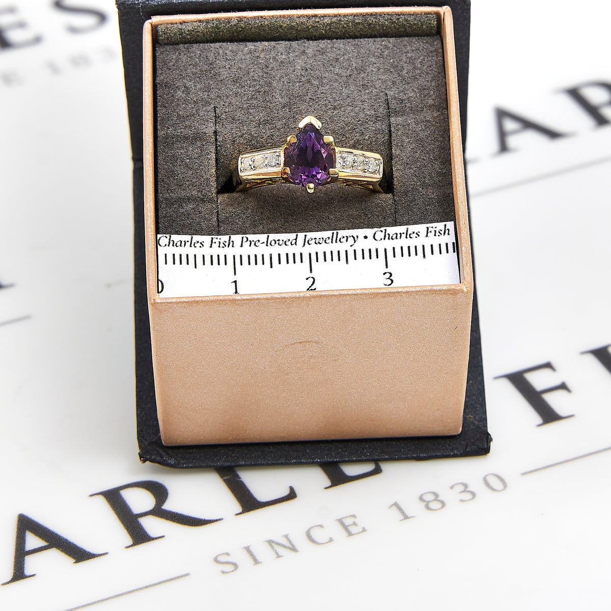 Pre-Owned 9ct Gold Pear Cut Amethyst & Diamond Ring Size N