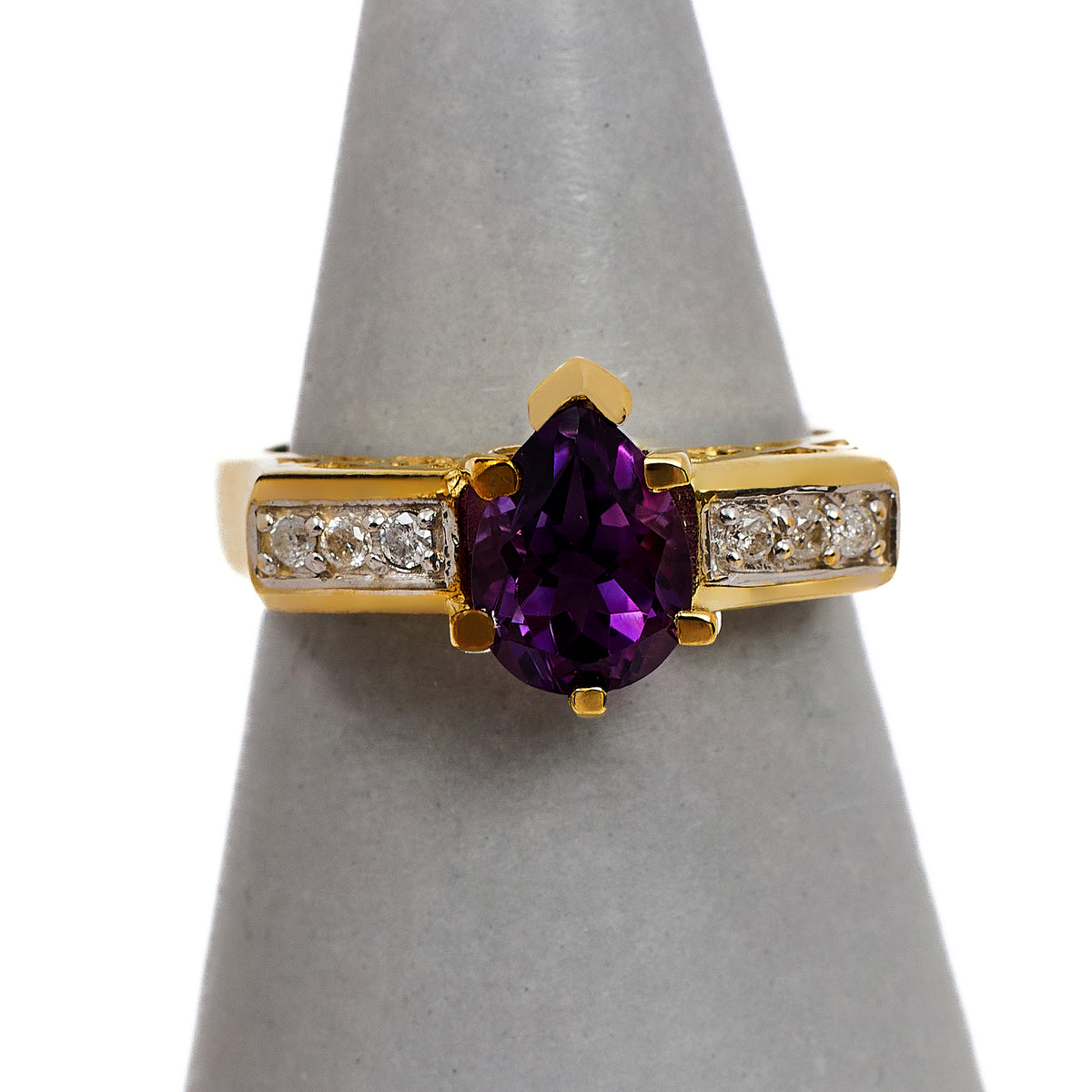 Pre-Owned 9ct Gold Pear Cut Amethyst & Diamond Ring Size N