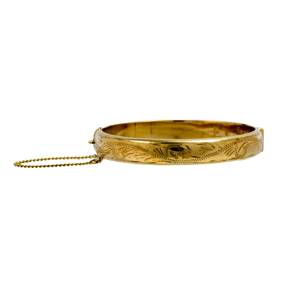 Pre-Owned 9ct Gold Patterned Hinged Bangle & Safety Chain