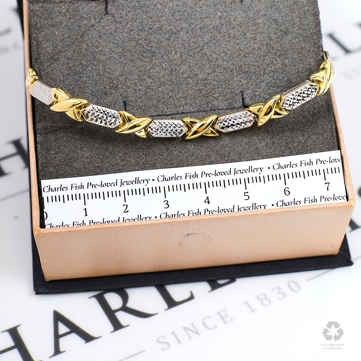Pre-Owned 9ct Gold 2 Tone X & Faceted Link Bracelet 7.5 Inch