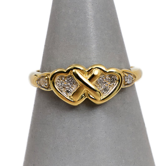 Pre-Owned 9ct Gold Double Diamond Heart Ring Size P