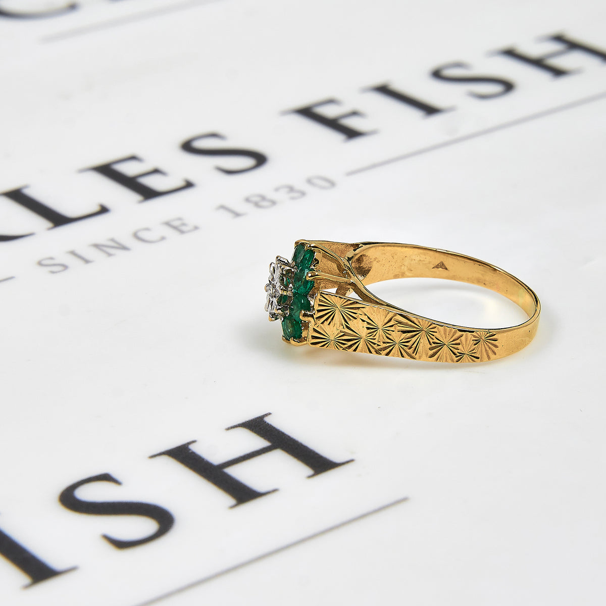 Pre-Owned 9ct Gold Diamond & Emerald Cluster Ring Size S.5