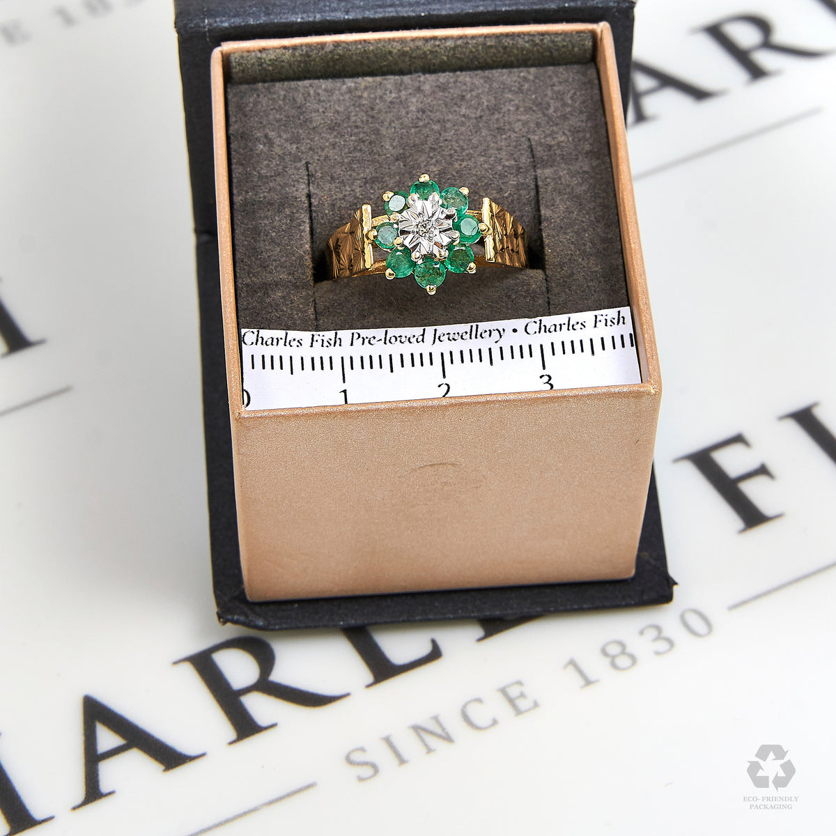 Pre-Owned 9ct Gold Diamond & Emerald Cluster Ring Size S.5