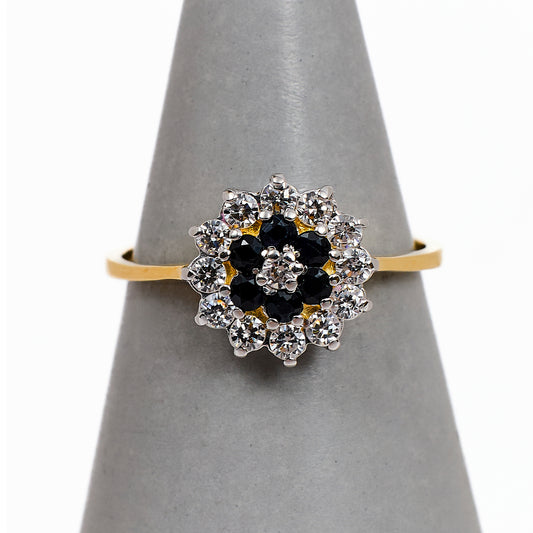 Pre-Owned 9ct Gold Sapphire & CZ Cluster Ring Size N