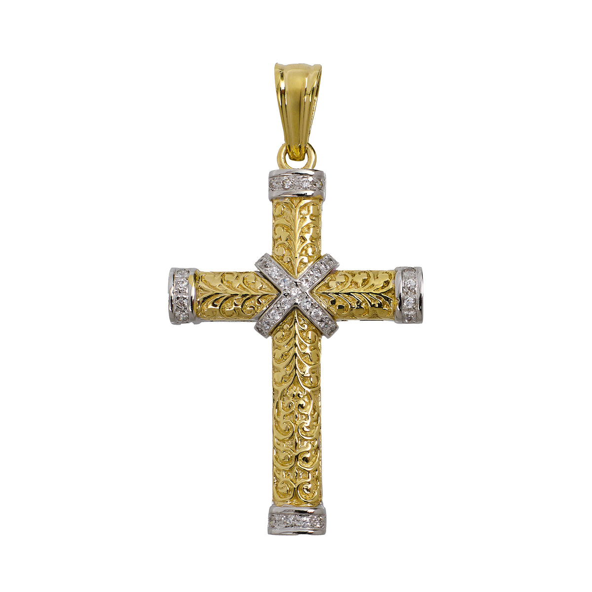 Pre-Owned 9ct Gold CZ Patterned Cross Pendant