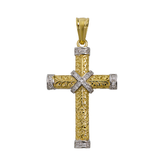 Pre-Owned 9ct Gold CZ Patterned Cross Pendant