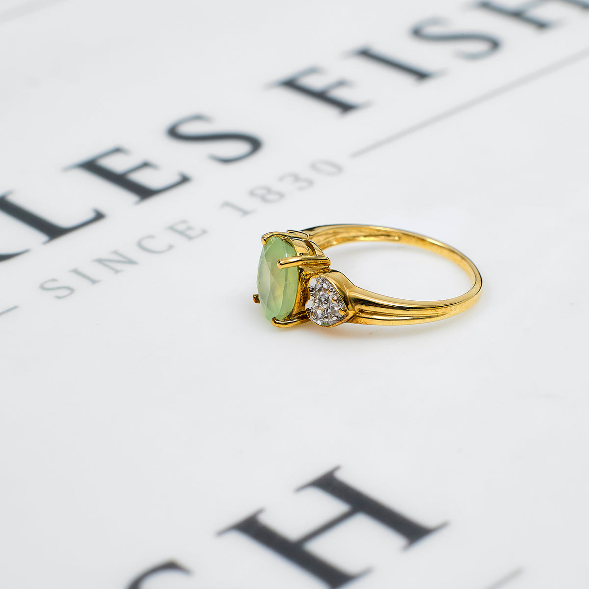 Pre-Owned 9ct Gold Oval Prehnite & 6 White Zircon Ring