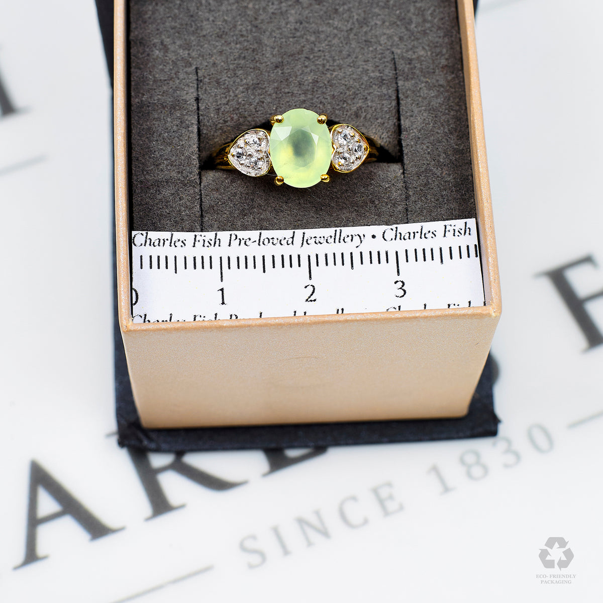 Pre-Owned 9ct Gold Oval Prehnite & 6 White Zircon Ring