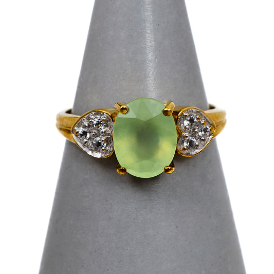 Pre-Owned 9ct Gold Oval Prehnite & 6 White Zircon Ring