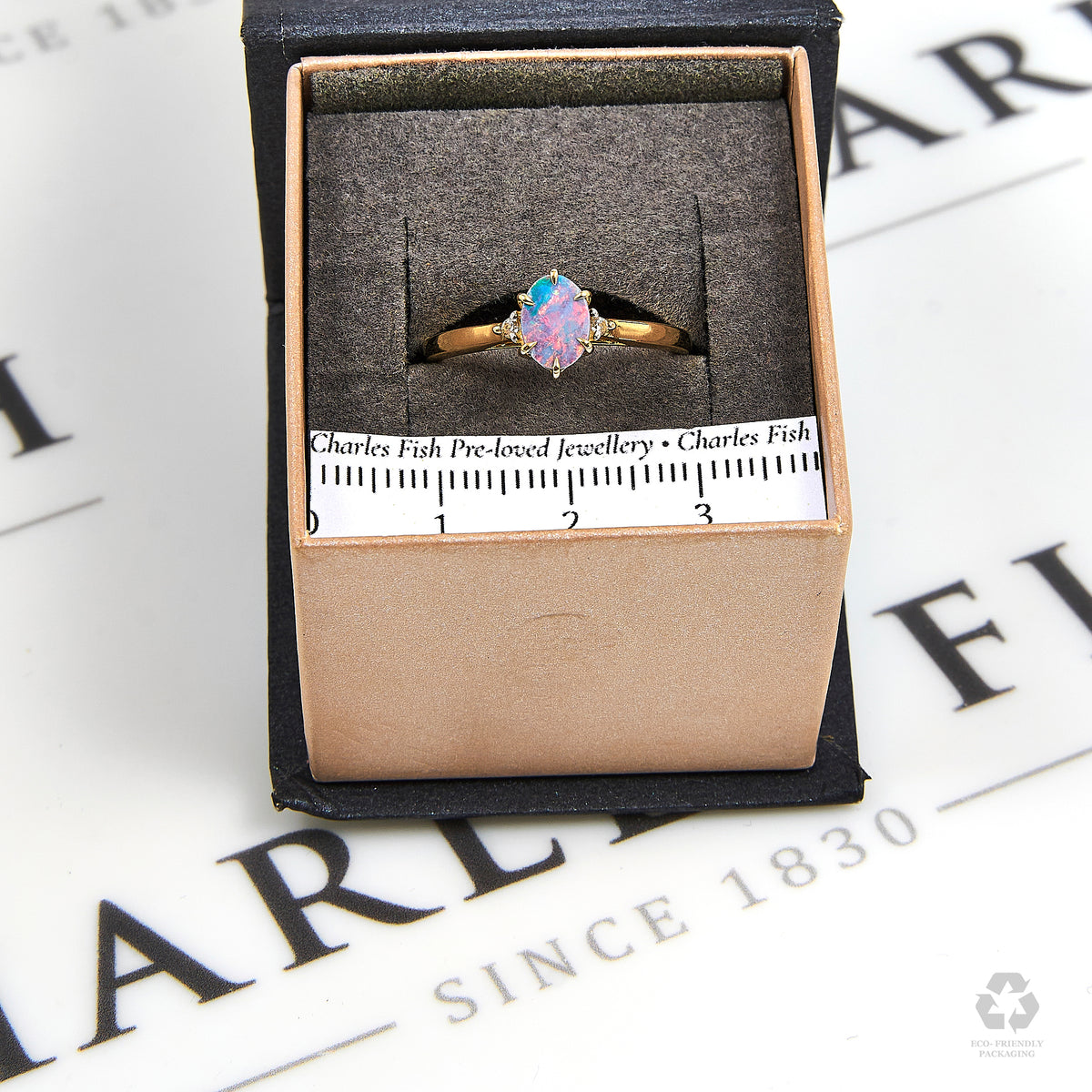 Pre-Owned 9ct Gold Oval Opal Doublet & 2 White Zircon Ring
