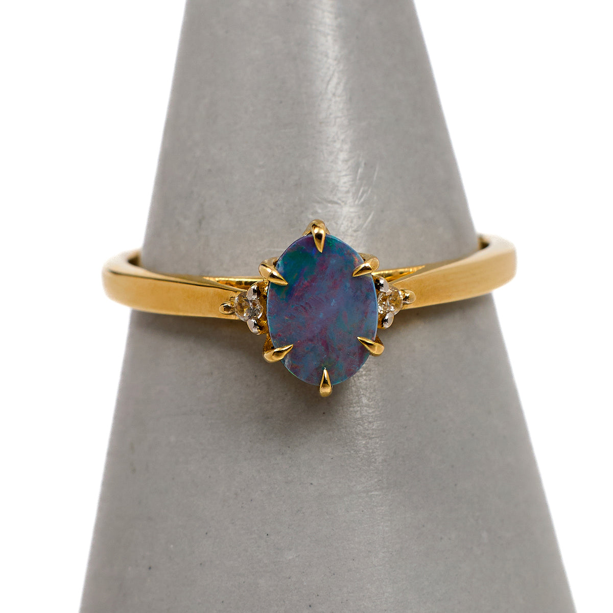 Pre-Owned 9ct Gold Oval Opal Doublet & 2 White Zircon Ring