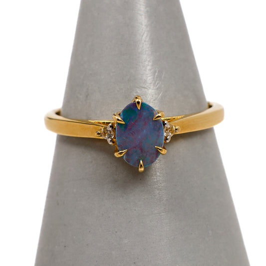 Pre-Owned 9ct Gold Oval Opal Doublet & 2 White Zircon Ring