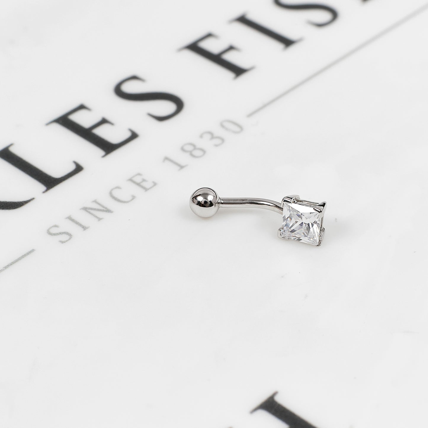 Pre-Owned 9ct White Gold Square CZ Belly Bar