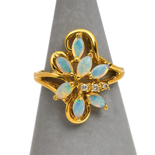 Pre-Owned 9ct Gold Opal & Diamond Flower Ring Size K