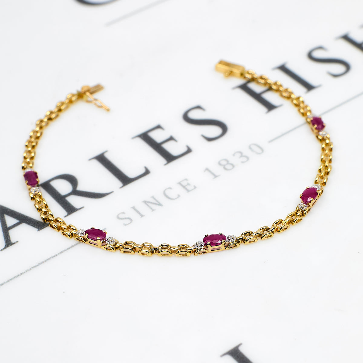 Pre-Owned 9ct Gold Glass Filled Ruby & Diamond Bracelet