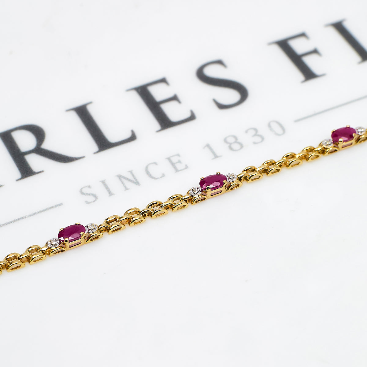 Pre-Owned 9ct Gold Glass Filled Ruby & Diamond Bracelet