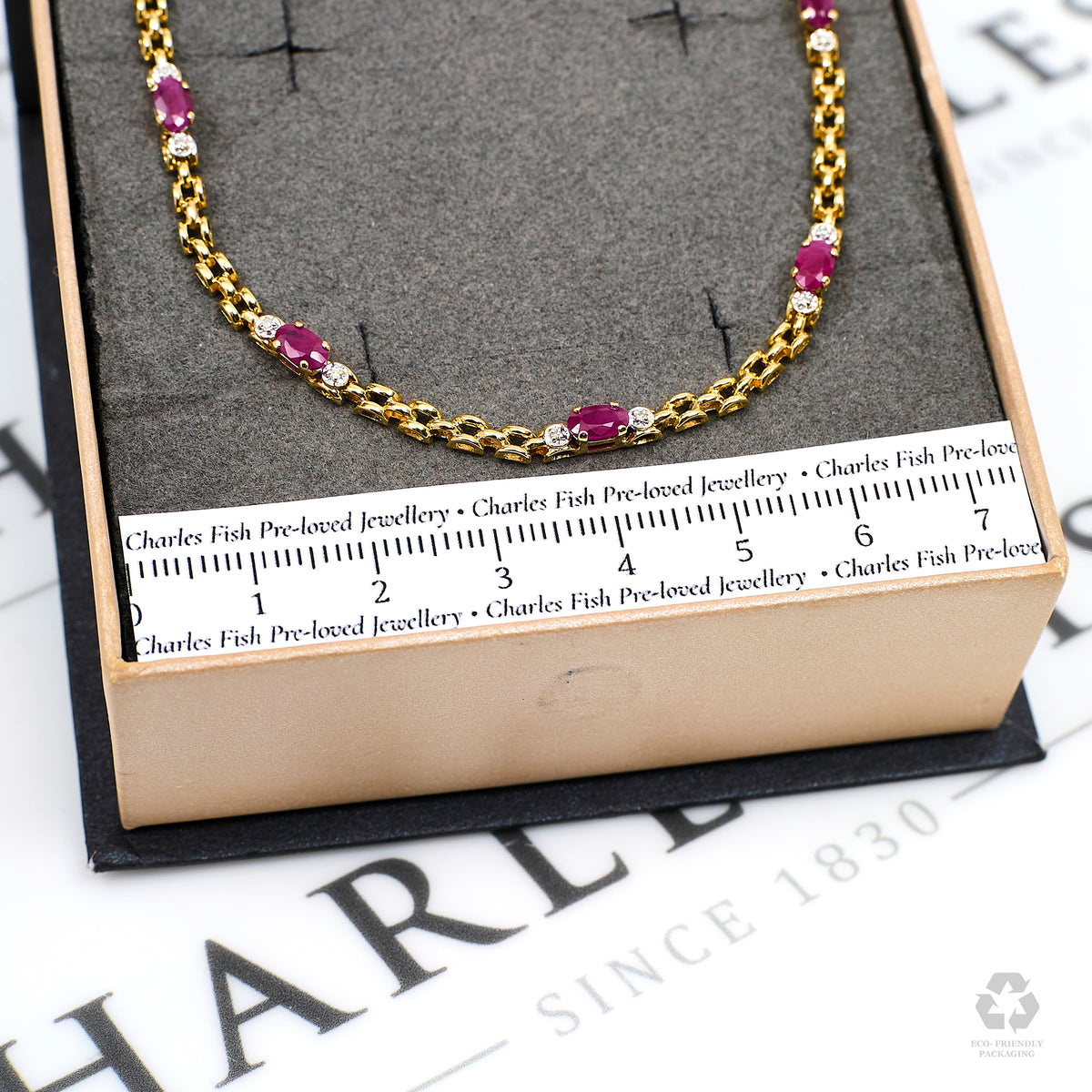 Pre-Owned 9ct Gold Glass Filled Ruby & Diamond Bracelet